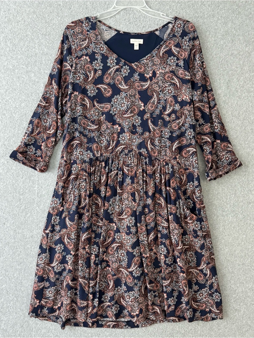 Garnet Hill Womens Paisley Floral Dress Pockets V Neck Boho Size 10 Blue Multi